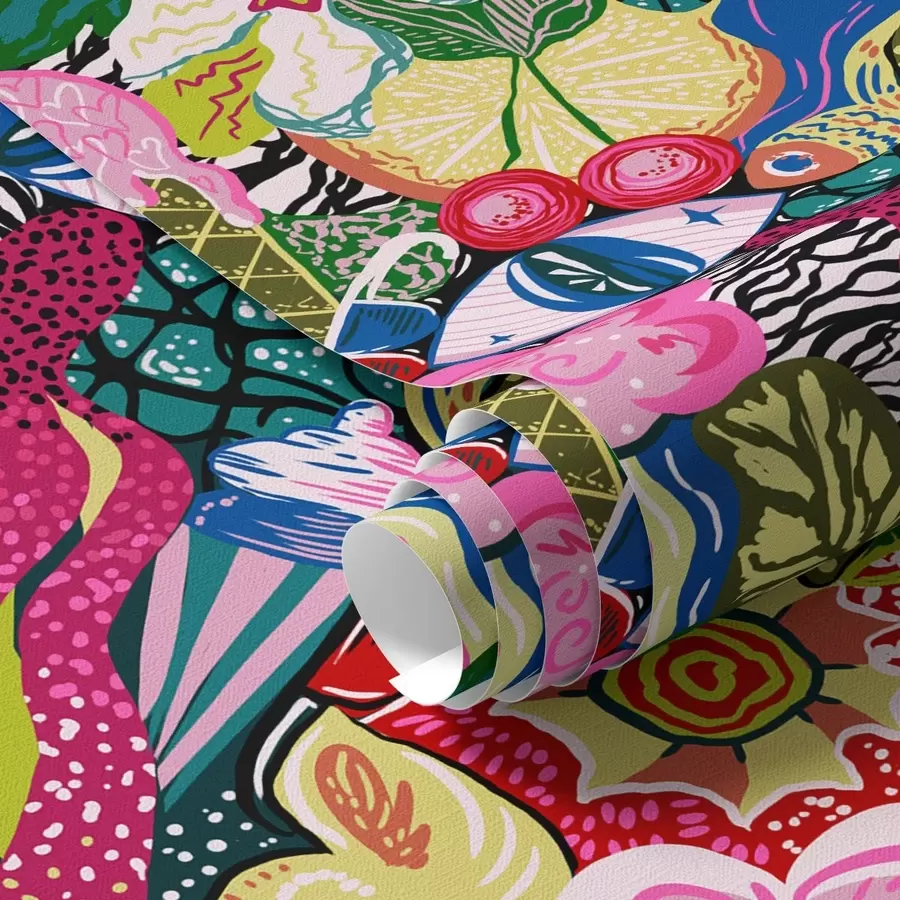 fotószőnyeg Absztrakt pop-art virágokkal, bogyókkal és mintákkal a00471