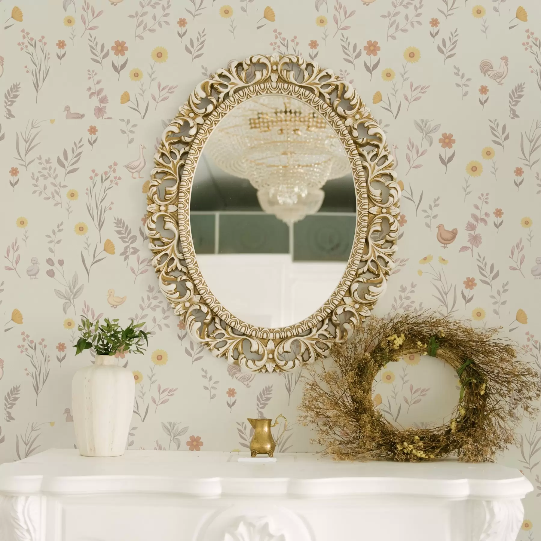 fotószőnyeg Mezei virágok és csirkék lágy pasztellszínekben a00478