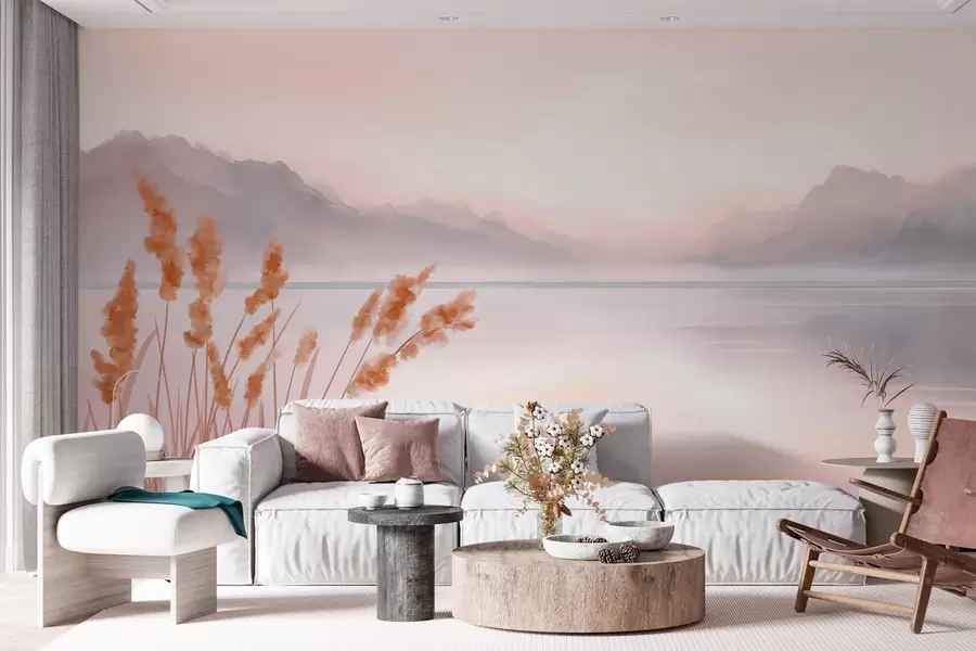 fotószőnyeg egy festői tó nádasokkal és hegyekkel w04315