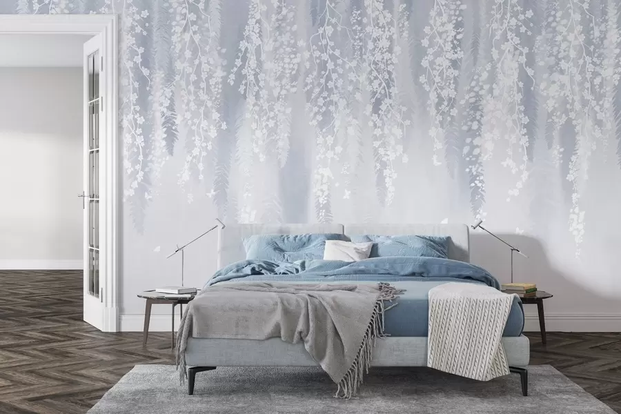 fotószőnyeg Hűvös kék változata ágak fehér virágokkal w04417v2