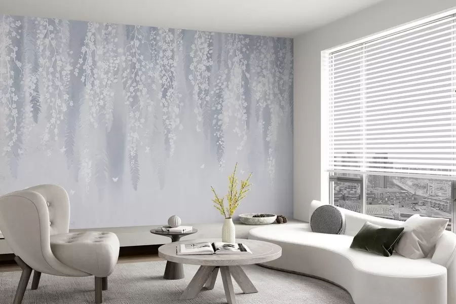 fotószőnyeg Hűvös kék változata ágak fehér virágokkal w04417v2