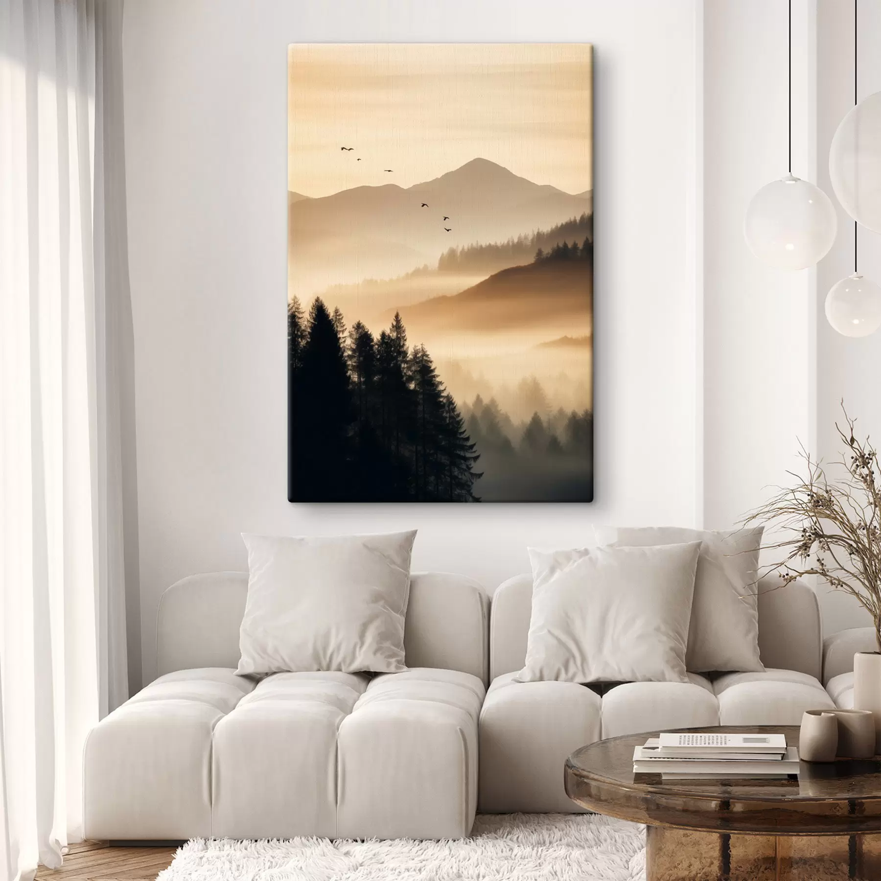 fotótapéta Hegyi táj, erdő és madarak repülnek az égen , mindezt vastag köd borítja napfelkeltekor s45563