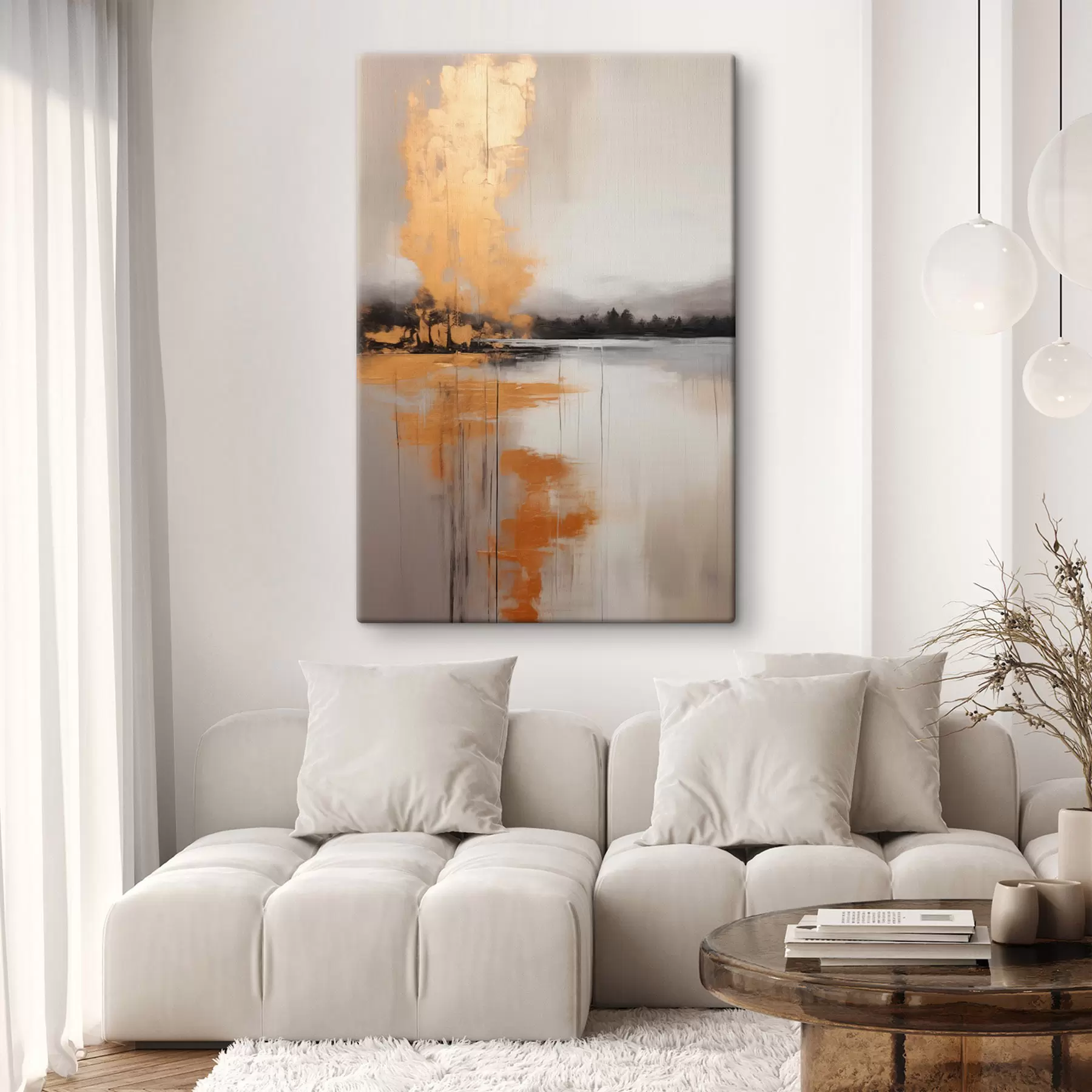 fotótapéta Absztrakt tájkép tóval, fával és sárga köddel , a víz tükrözi a felhős égboltot s45575