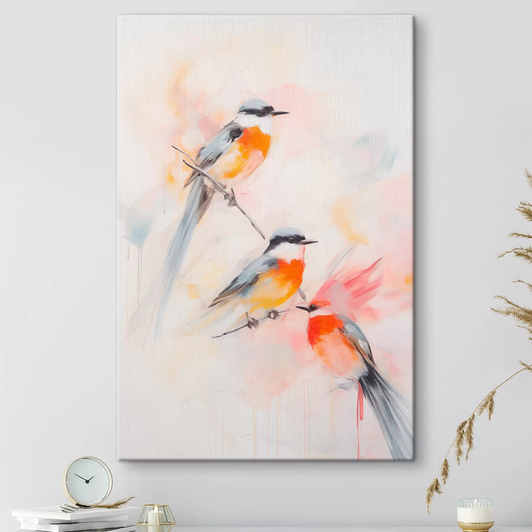 fotótapéta Madarak ülnek az ágakon , lágy pasztell színek, világos háttér rózsaszín és fehér árnyalatokkal s45577