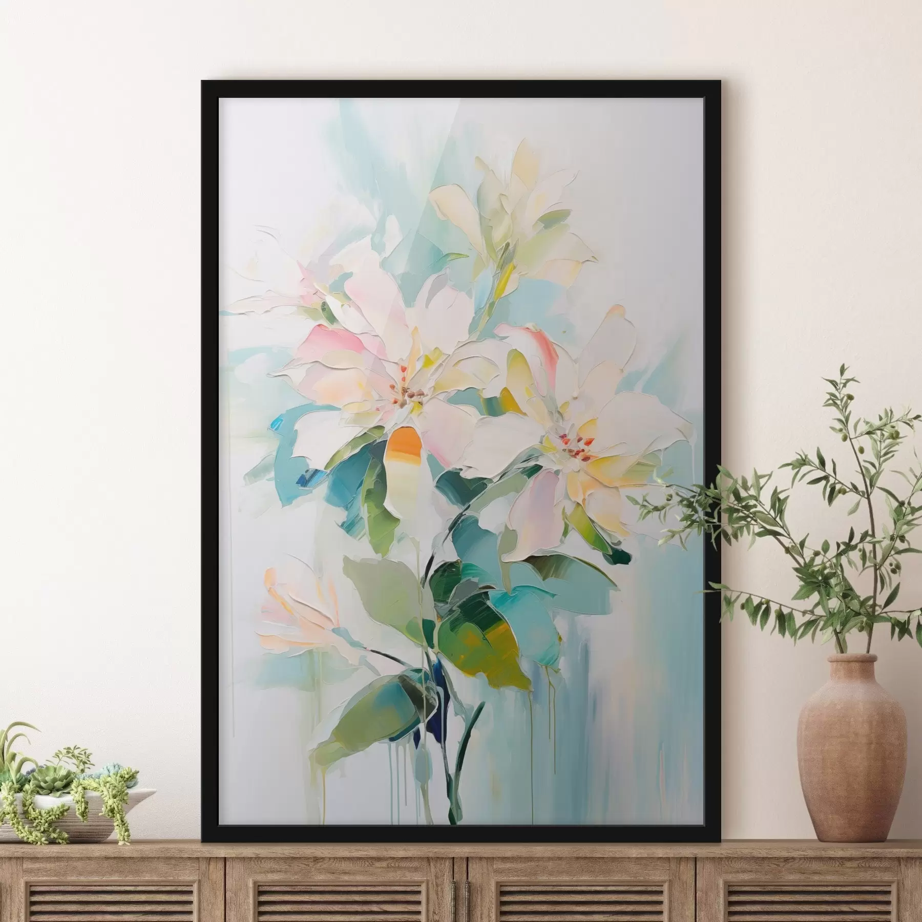 fotószőnyeg Virágok színes akcentussal, zöld levelek, lágy ecsetvonásokkal olajfestmény utánzat, világoskék háttérrel f45549