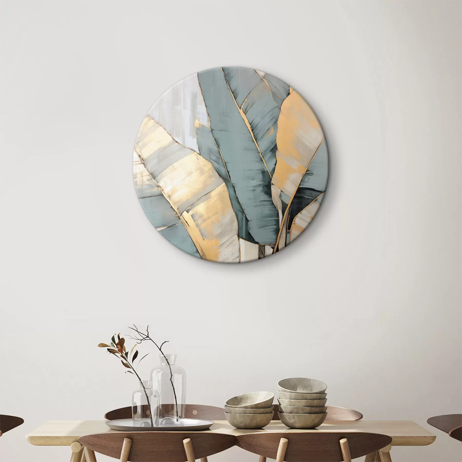 fotótapéta Tompa kék, szürke és sárga banánlevelek, látható ecsetvonásokkal, fehér absztrakt háttérben r45552