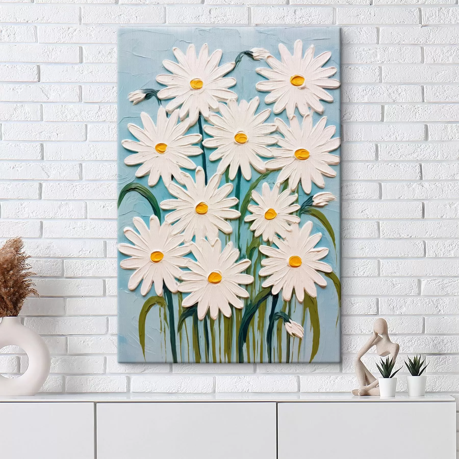 fotótapéta Százszorszépek dombormű stílusban: kompozíció kék háttéren s45527