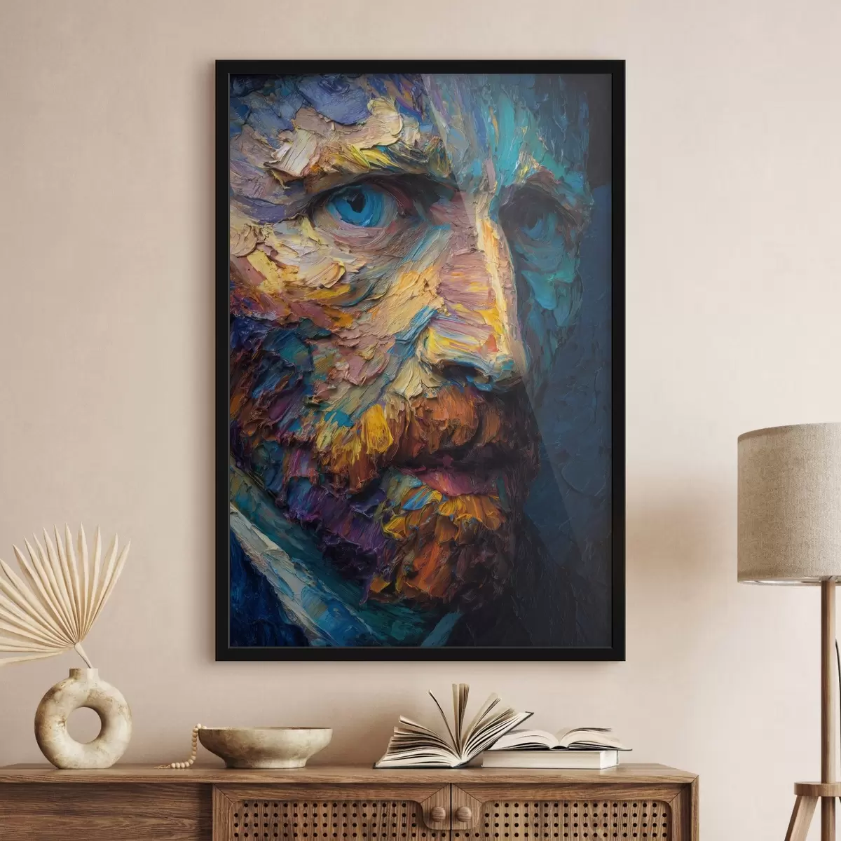 Plakát a sziklán Dekoratív Van Gogh portré: dombormű kék és narancssárga tónusokban f45546