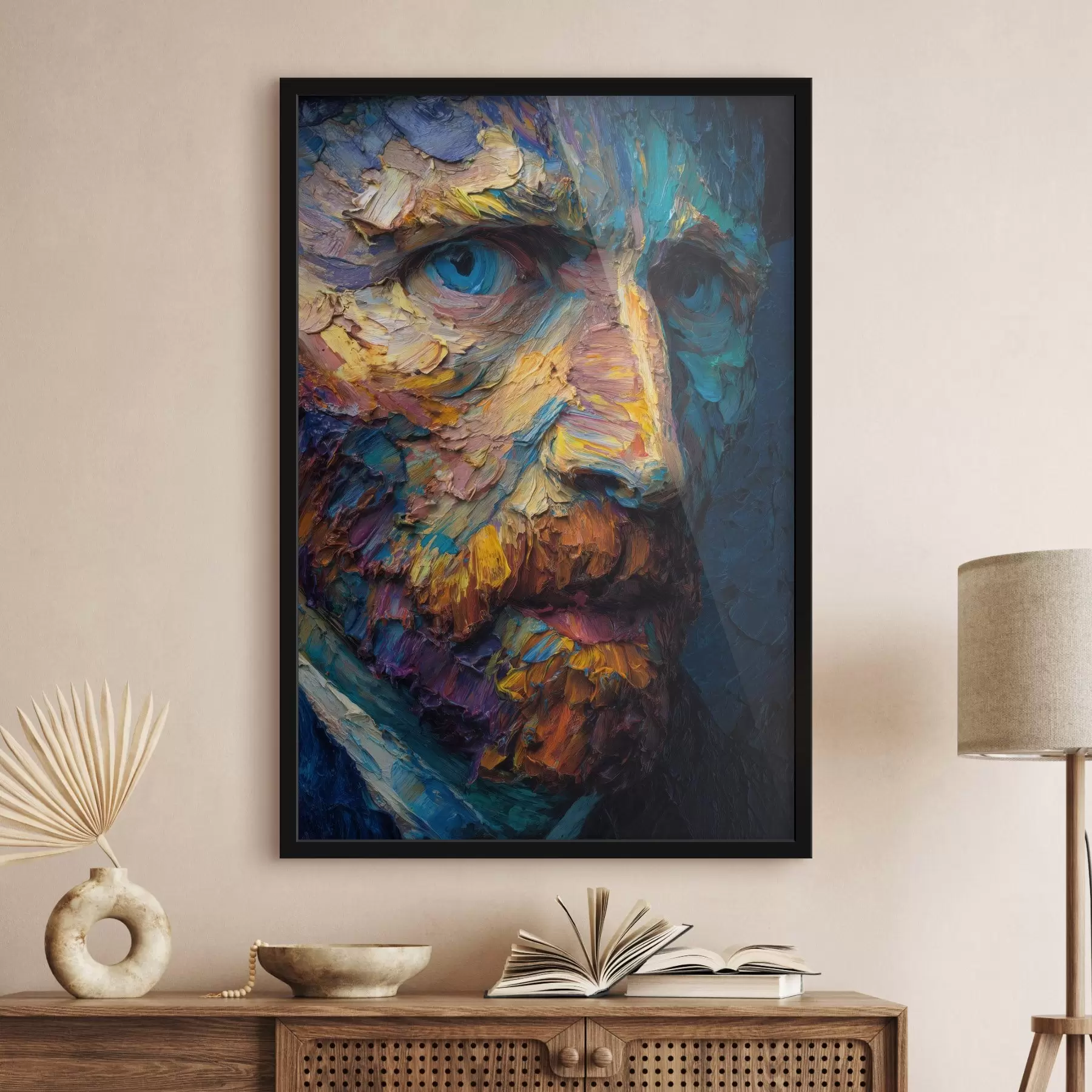 fotószőnyeg Dekoratív Van Gogh portré: dombormű kék és narancssárga tónusokban f45546