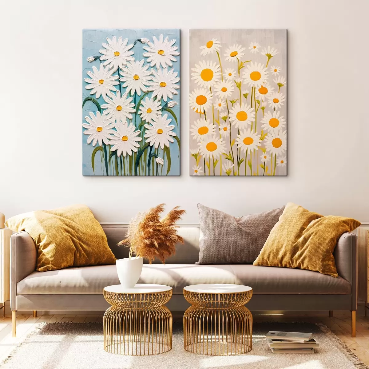 fotótapéta Tavaszi frissesség: diptichon terjedelmes százszorszépekkel, impasto stílusban m00633