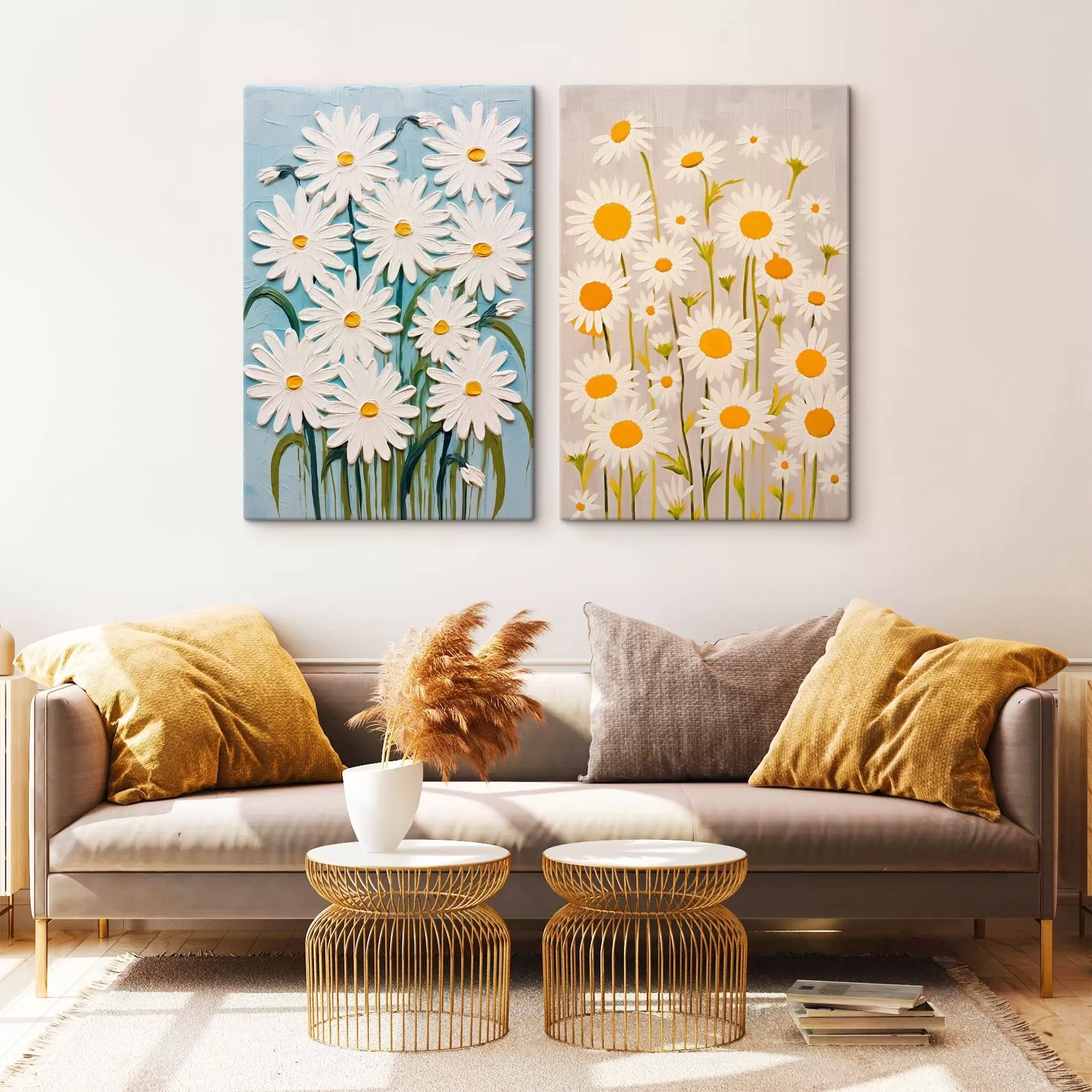fotótapéta Tavaszi frissesség: diptichon terjedelmes százszorszépekkel, impasto stílusban m00633
