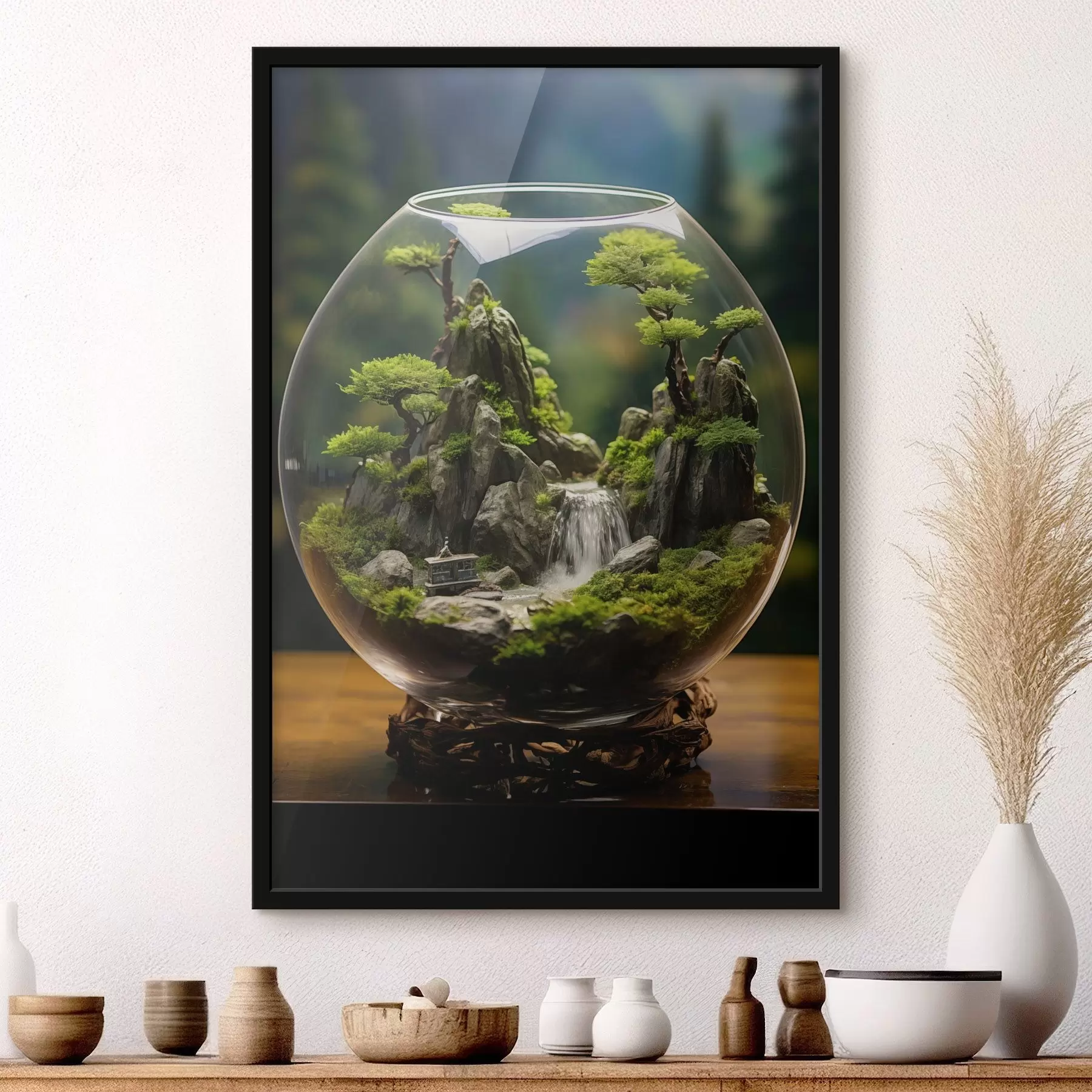 fotószőnyeg Miniatűr tájkép vízeséssel üveggömbben f45502