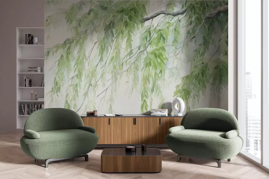 fotószőnyeg Szomorúfűz ágak zöld levelek lógnak lefelé, lágy és finom ecsetvonásokkal, akvarell festmény stílusban w09365