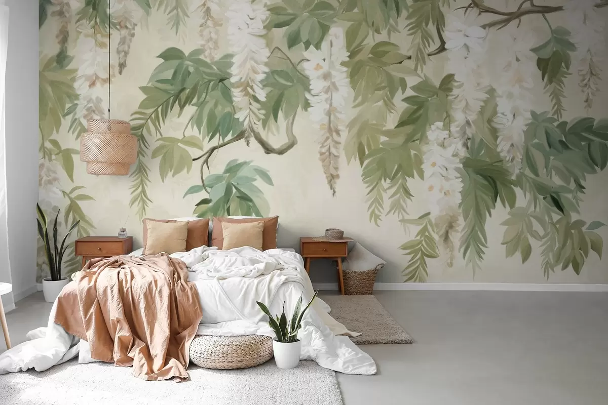 fotószőnyeg Wisteria ágak fehér virágokkal és zöld levelekkel, zöld háttér, texturált vintage festmény stílusban w09375