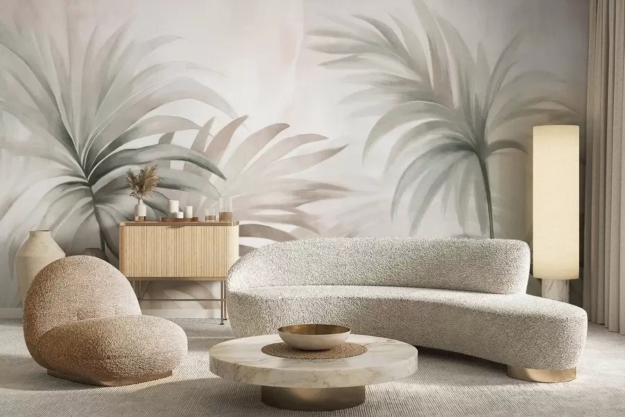 fotószőnyeg Pálmafa texturált levelek semleges színekben, bézs absztrakt háttér, lágy ecsetvonások, trópusi texturált lombozat w09380