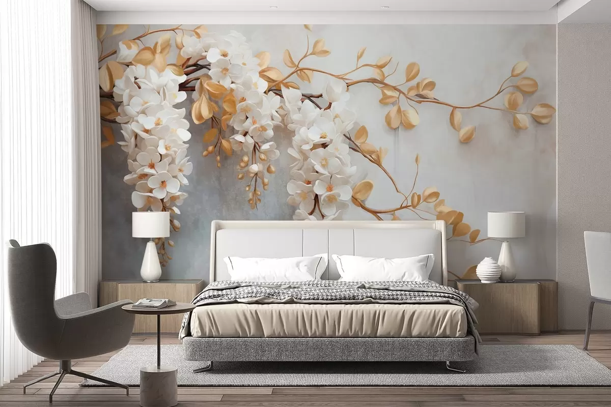 fotószőnyeg Fehér wisteria virágok sárga levelekkel egy ágon, kaszkádszerűen hullámzó lefelé egy texturált fehér háttér előtt, finom szirmok w09381