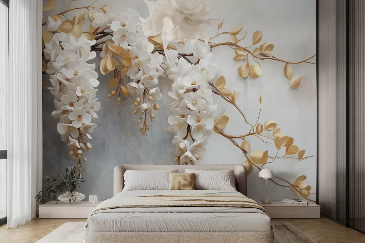 fotószőnyeg Fehér wisteria virágok sárga levelekkel egy ágon, kaszkádszerűen hullámzó lefelé egy texturált fehér háttér előtt, finom szirmok w09381