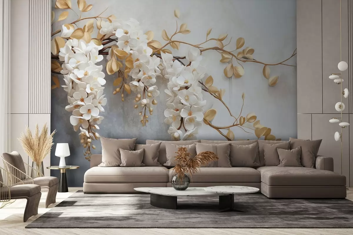 fotószőnyeg Fehér wisteria virágok sárga levelekkel egy ágon, kaszkádszerűen hullámzó lefelé egy texturált fehér háttér előtt, finom szirmok w09381