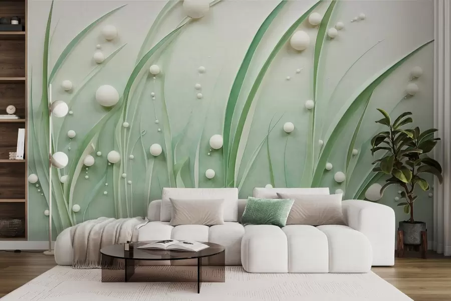 fotószőnyeg Absztrakt zöld fű fehér gömbökkel, világoszöld háttér, textúrált, tiszta vonalak, minimalista stílusban w09382