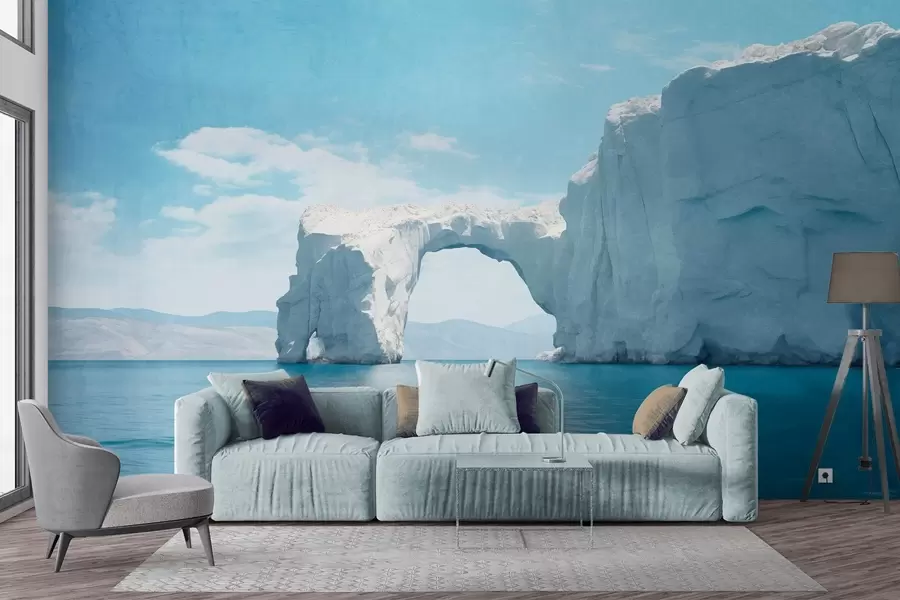 fotószőnyeg Tájkép természetes jéghíddal az óceán felett , tiszta kék égbolt néhány felhővel, textúrás nyomtatás w09383