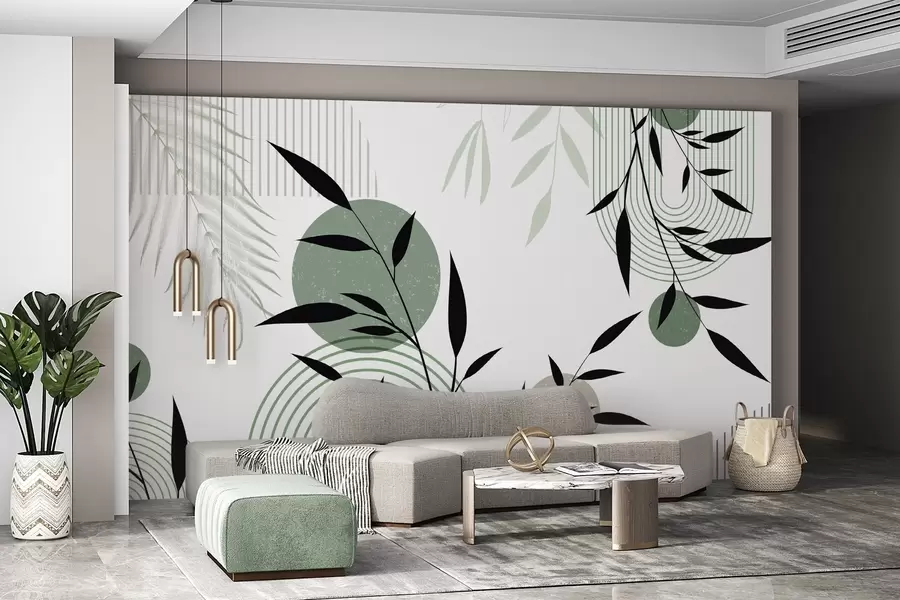 fotószőnyeg Texturált absztrakt nyomat geometriai formákkal, körökkel és ívekkel, valamint fekete és zöld növényekkel fehér alapon w09384