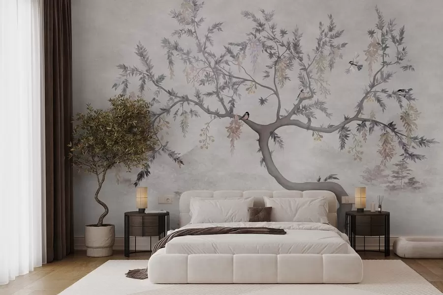 fotószőnyeg Fa ág madarakkal keleti stílusban w04456