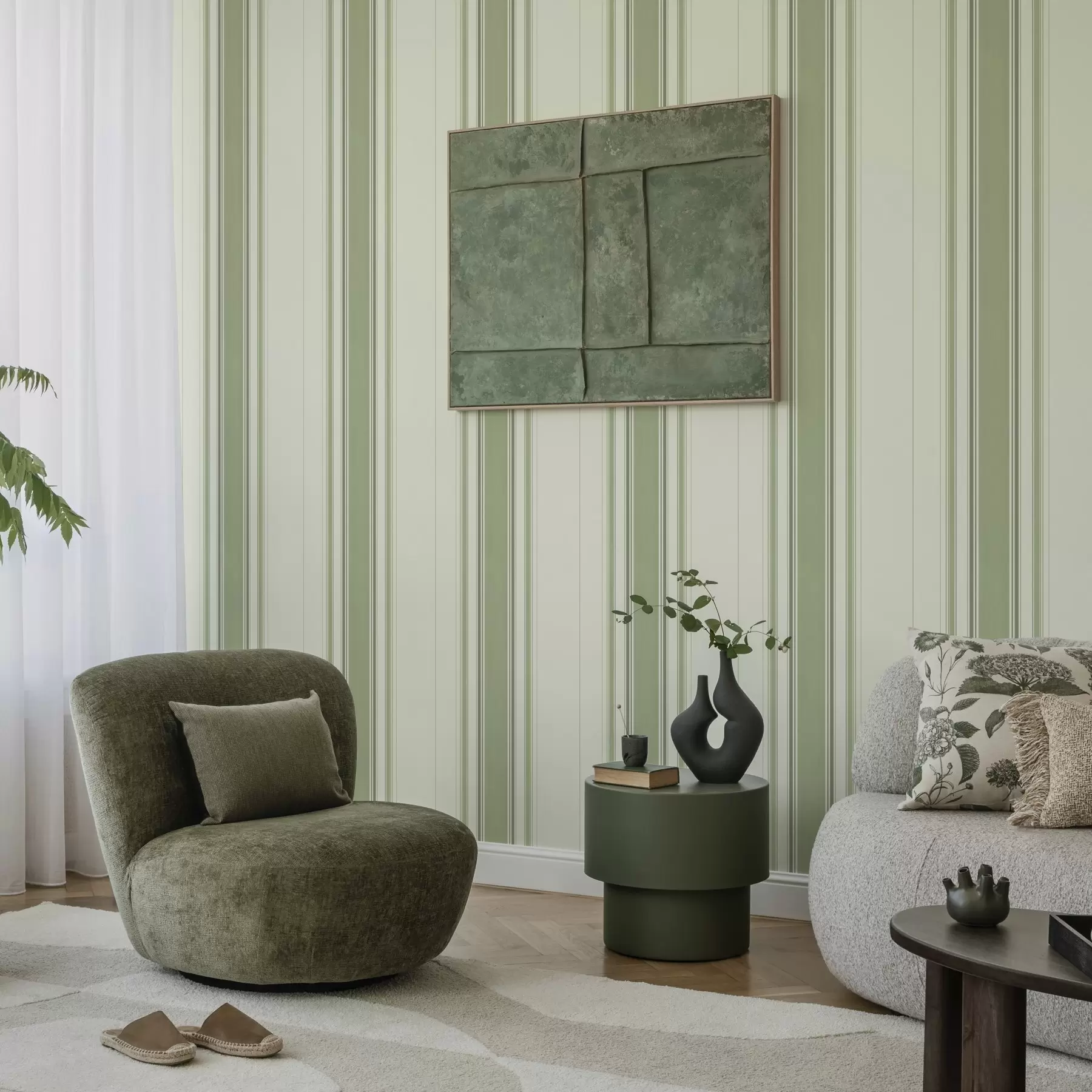 fotószőnyeg Krémszínű háttér széles zöld középső csíkkal a00519