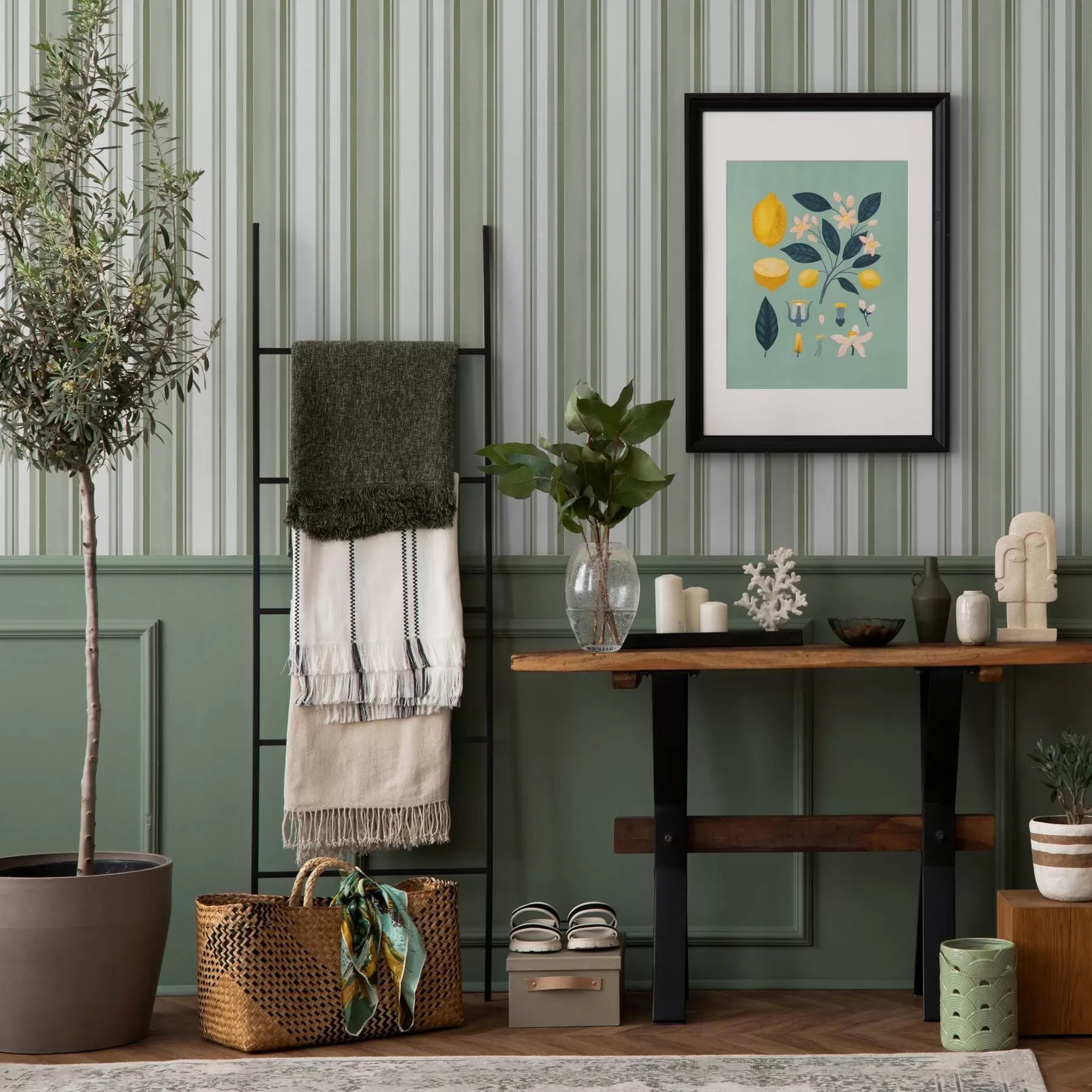 fotószőnyeg Zöld csíkok fehér intervallumokkal és vékony vonalakkal a00526