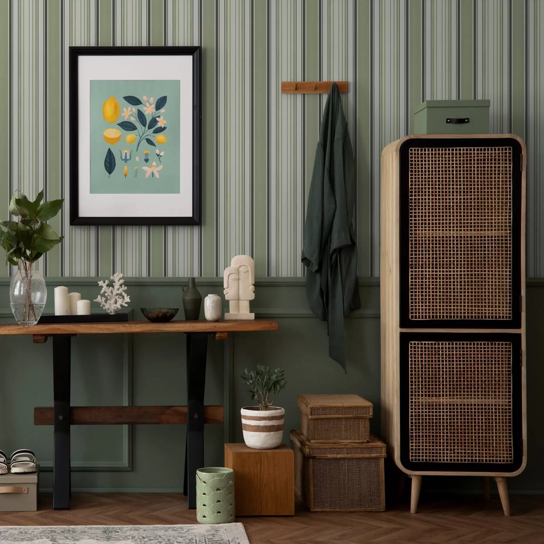 fotószőnyeg Krémszínű háttér zöld és fekete csíkok keverékével a00563