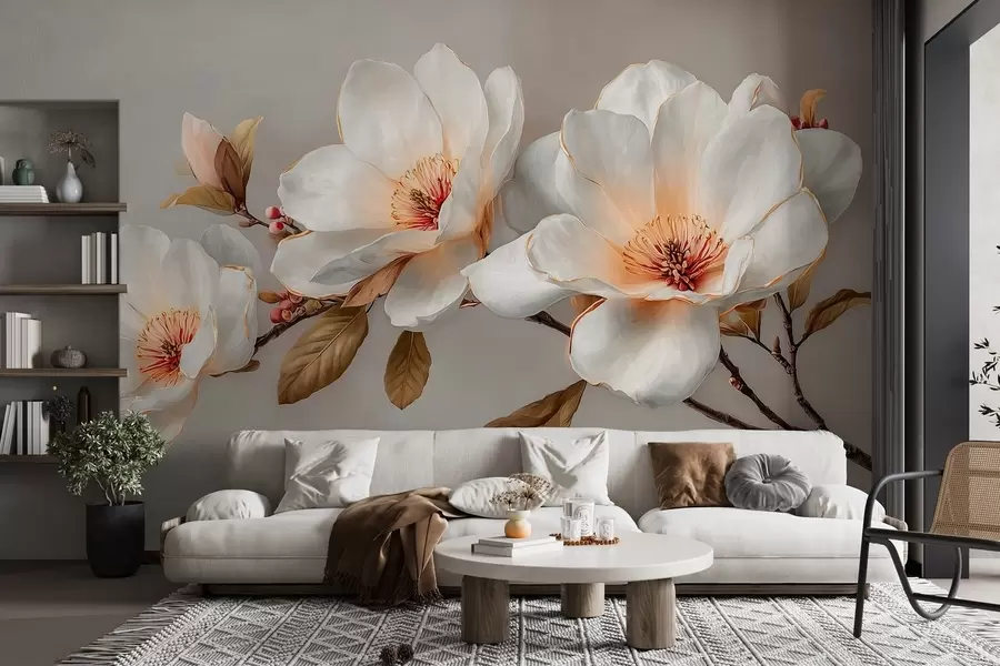 fotószőnyeg Finom virágok egy ágon, pasztell tónusú, narancssárga középponttal w09299