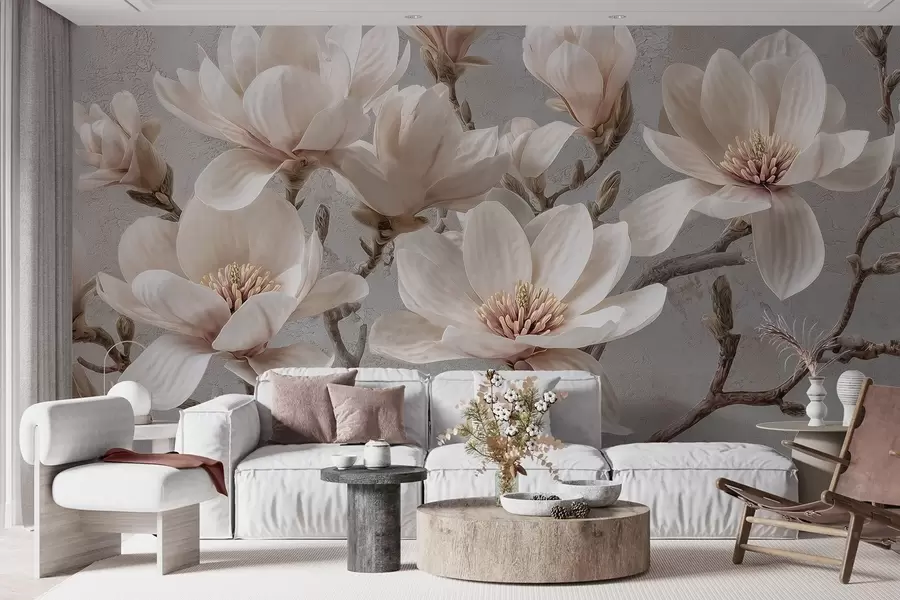 fotószőnyeg Magnólia ágak nagy világos virágokkal, tompa tónusokban w09305