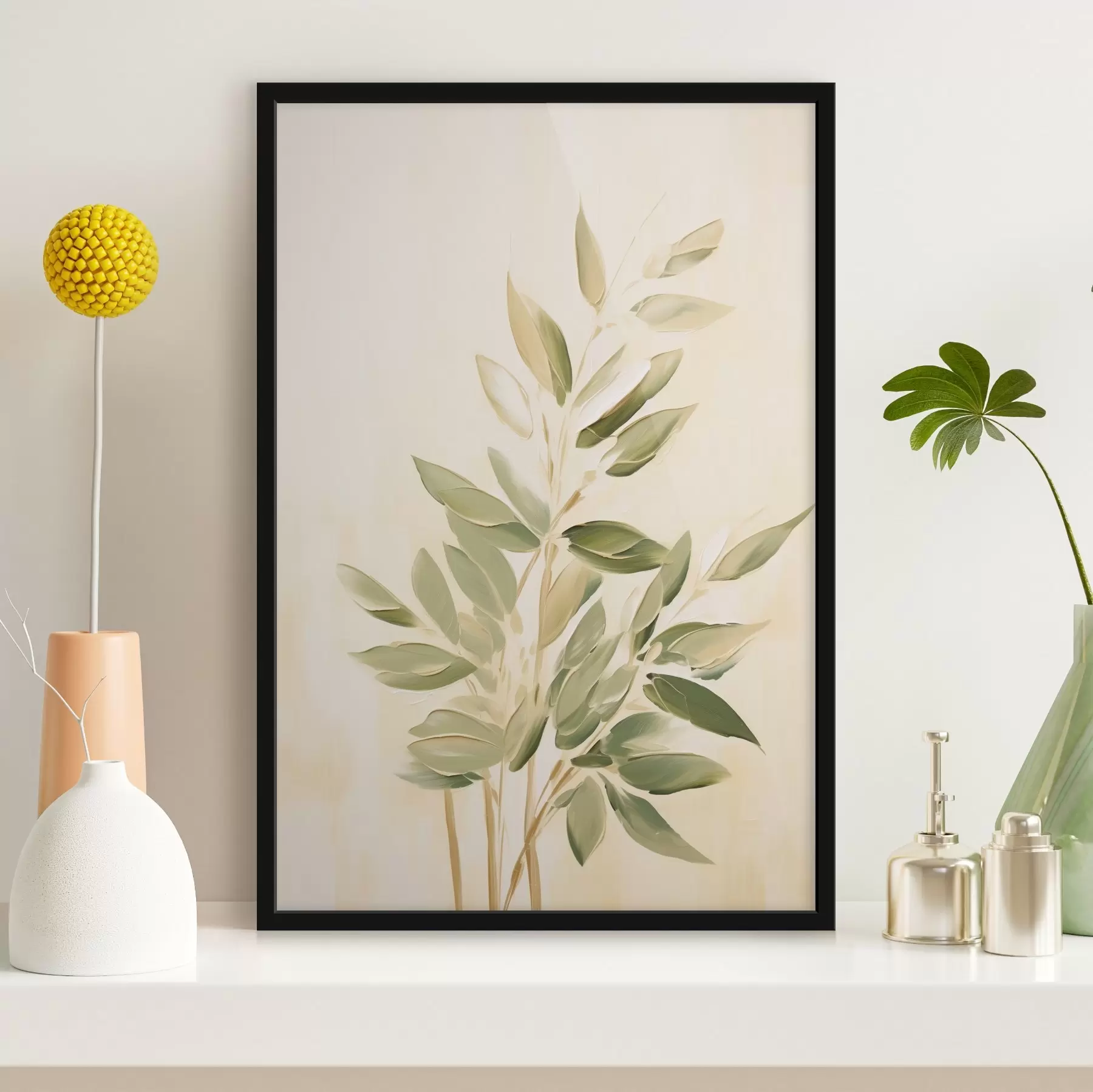 fotószőnyeg Zöld leveles ág világos bézs háttéren f45689