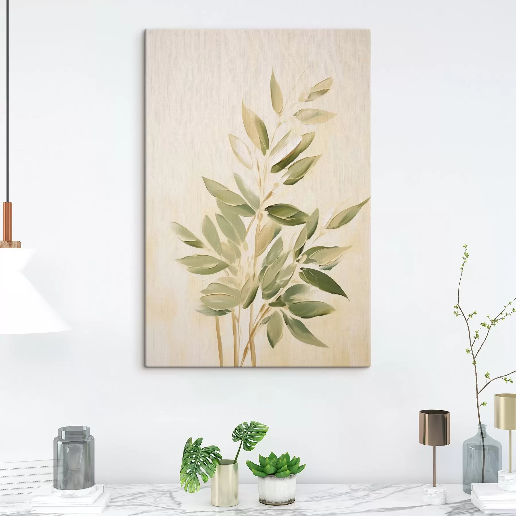 fotótapéta Zöld leveles ág világos bézs háttéren s45689