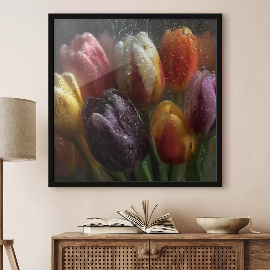 fotószőnyeg Tulipánok az esőben: élénk színek f45642