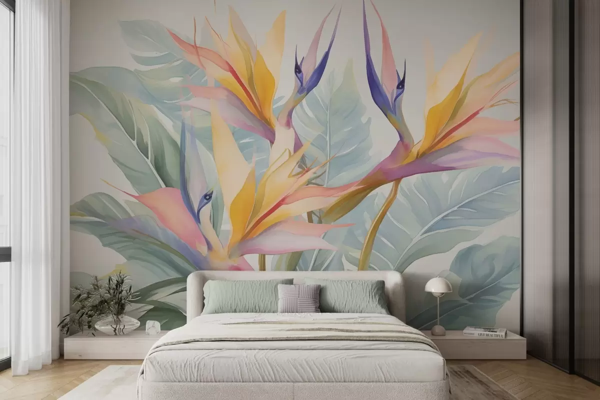 fotószőnyeg Strelitzia virágok és levelek w04527
