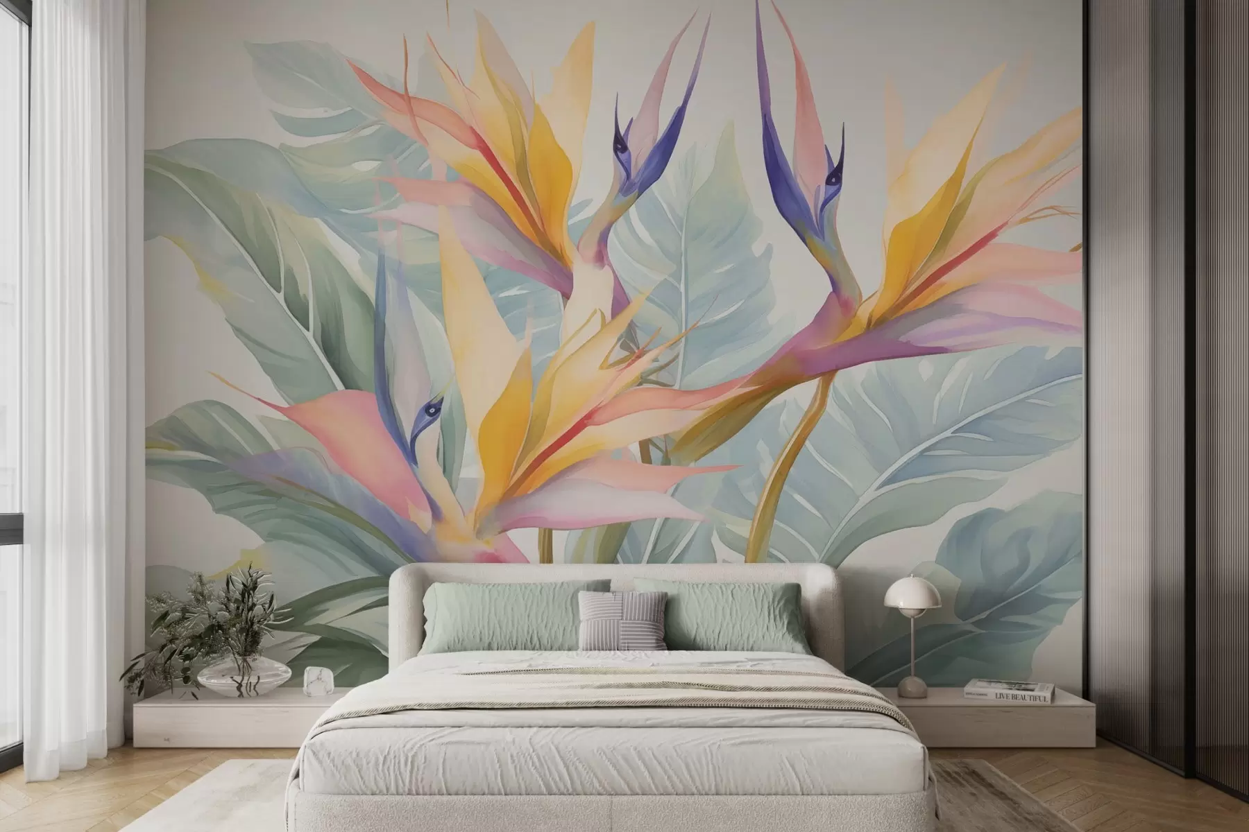 fotószőnyeg Strelitzia virágok és levelek w04527