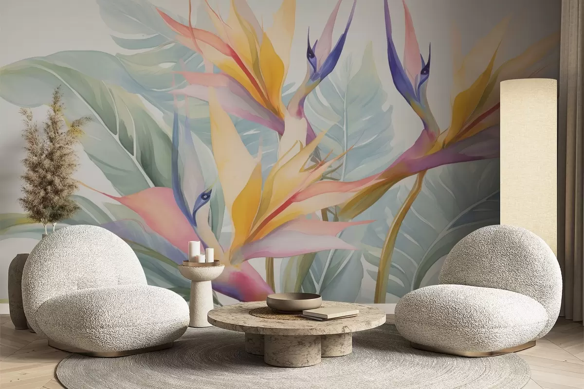 fotószőnyeg Strelitzia virágok és levelek w04527