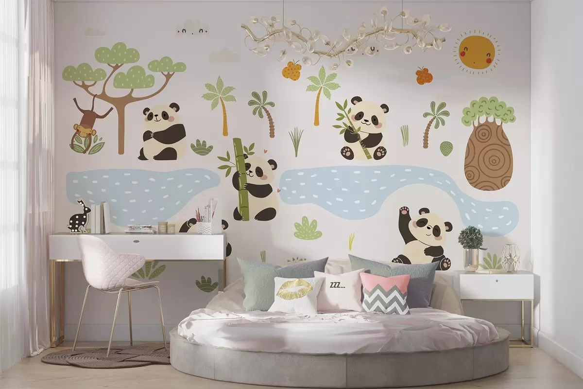 fotószőnyeg Vidám pandák a folyó partján w04541