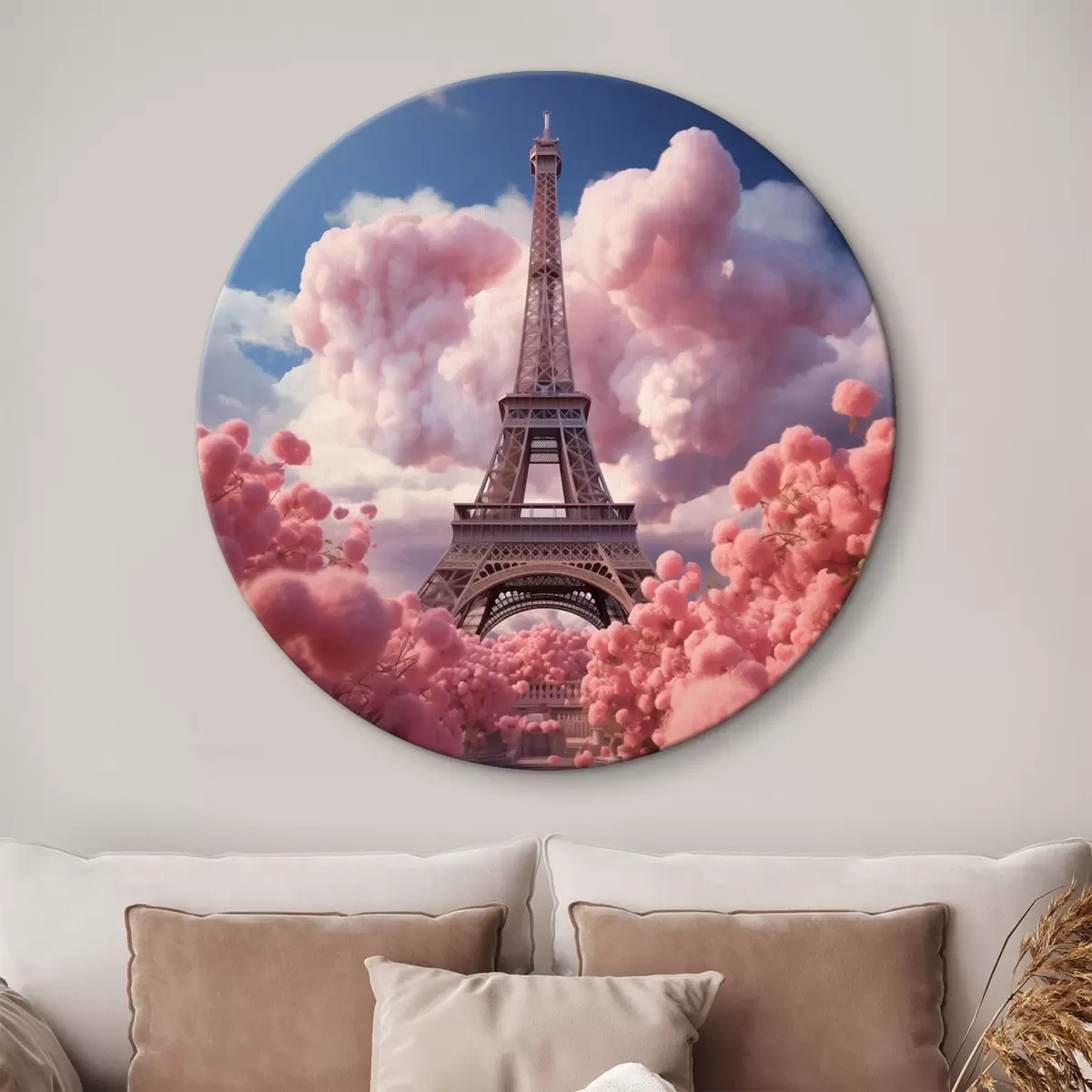 Kerek festmények Eiffel-torony rózsaszín felhőkben fantasy stílusban r45036