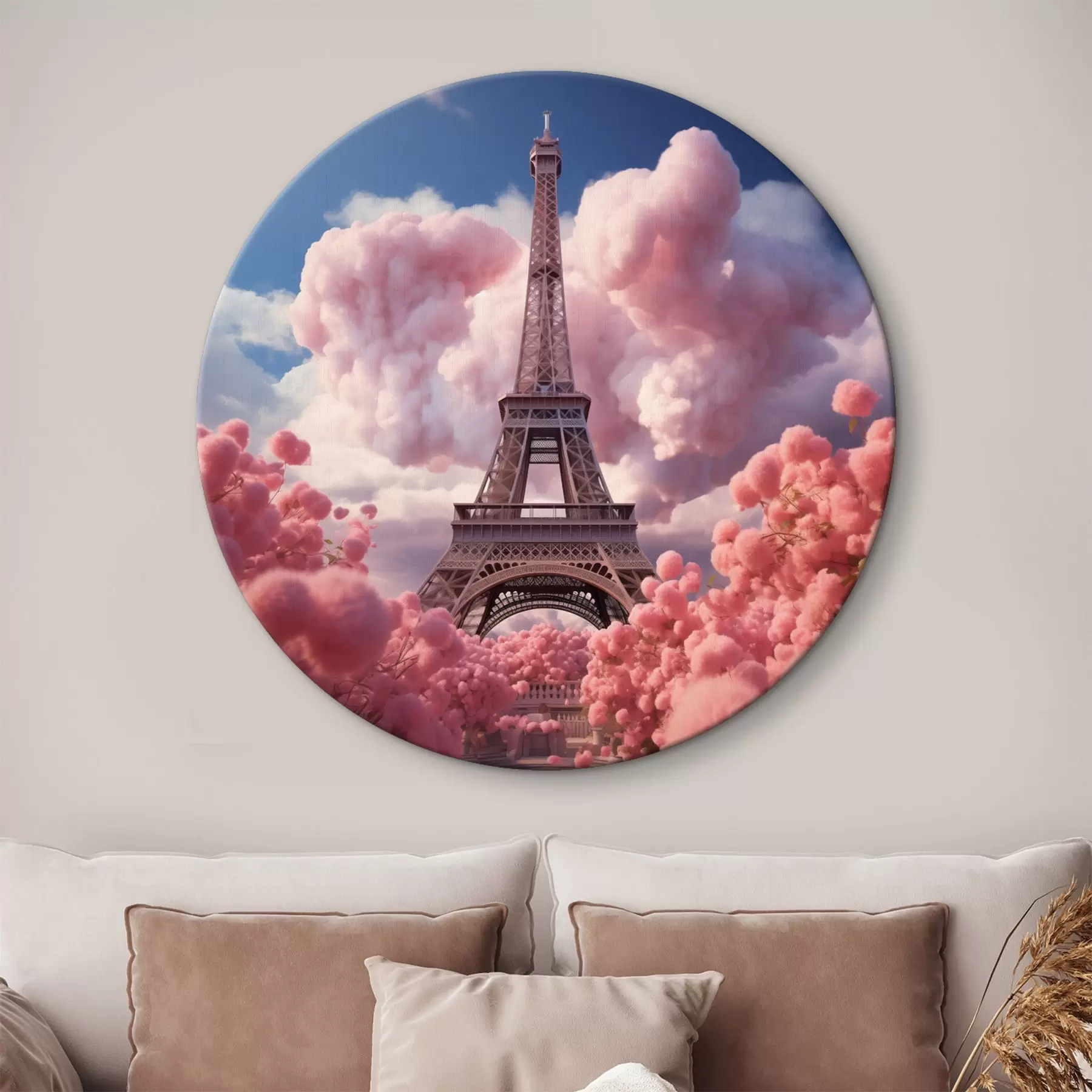fotótapéta Eiffel-torony rózsaszín felhőkben fantasy stílusban r45036