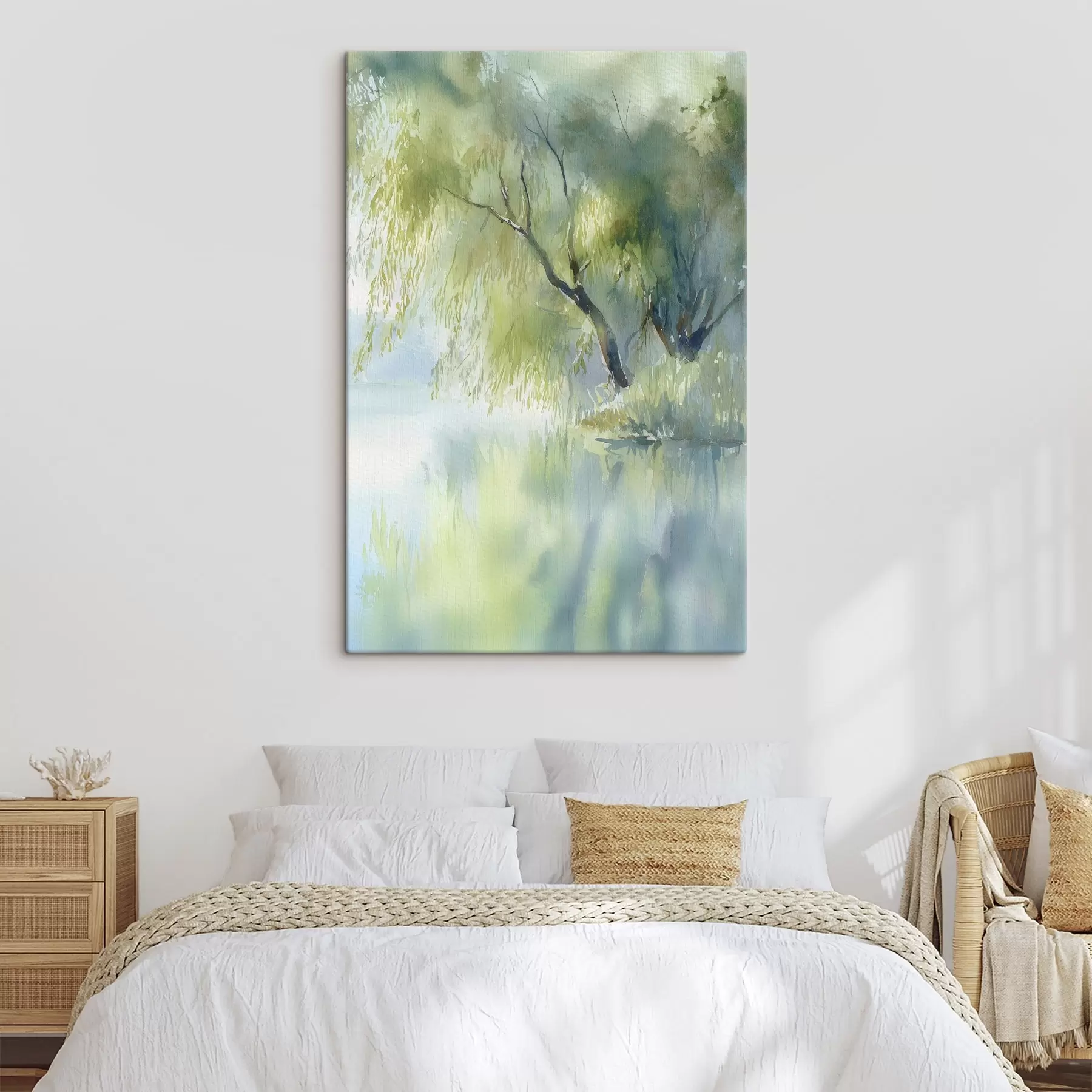 fotótapéta vízfesték stílusú fűzfa a tó partján s45715