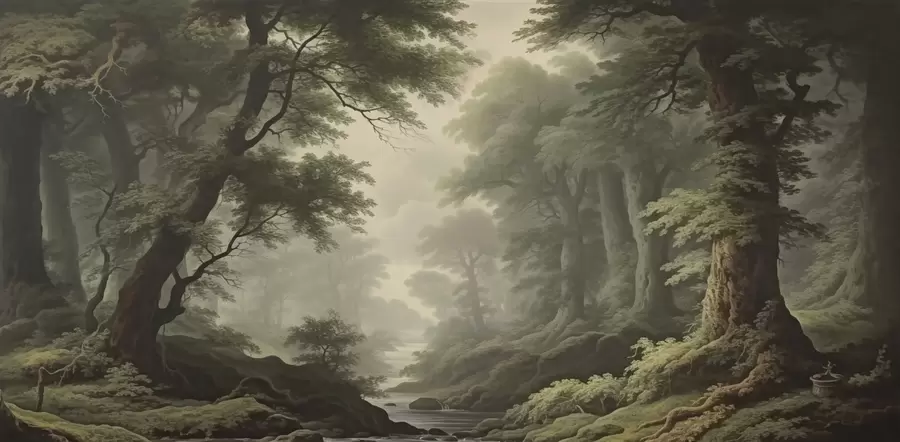 fotószőnyeg Ködös erdő folyóval és magas ősi fákkal w04555