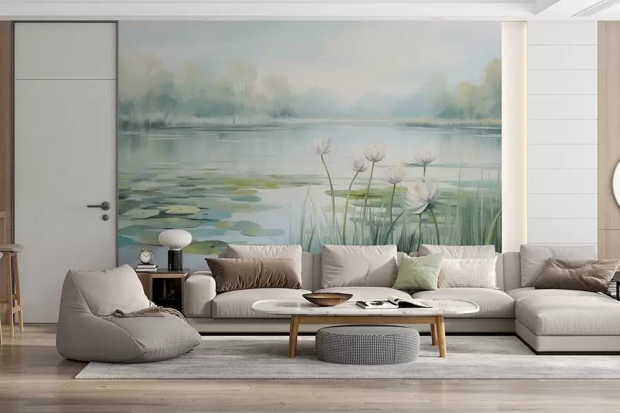 fotószőnyeg Táj tóval, vízililiomokkal és liliomlevelekkel, fákkal a háttérben, nyugodt környezetben, világoskék és zöld árnyalatokkal w09395