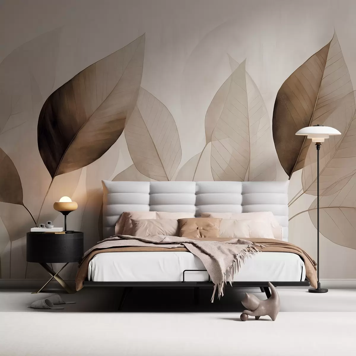 fotószőnyeg Texturált festmény, amely barna és bézs árnyalatú leveleket ábrázol, finom erezetekkel és szárakkal w09400v1