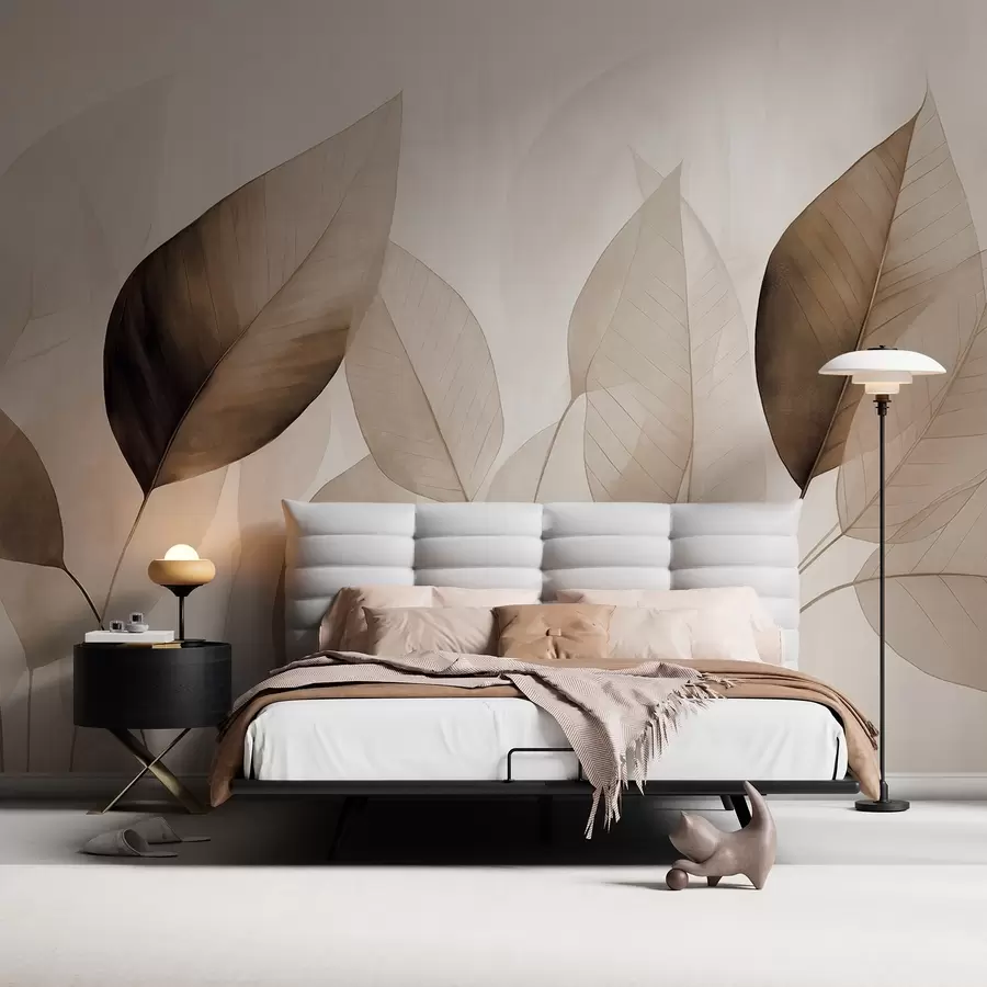 fotószőnyeg Texturált festmény, amely barna és bézs árnyalatú leveleket ábrázol, finom erezetekkel és szárakkal w09400v1