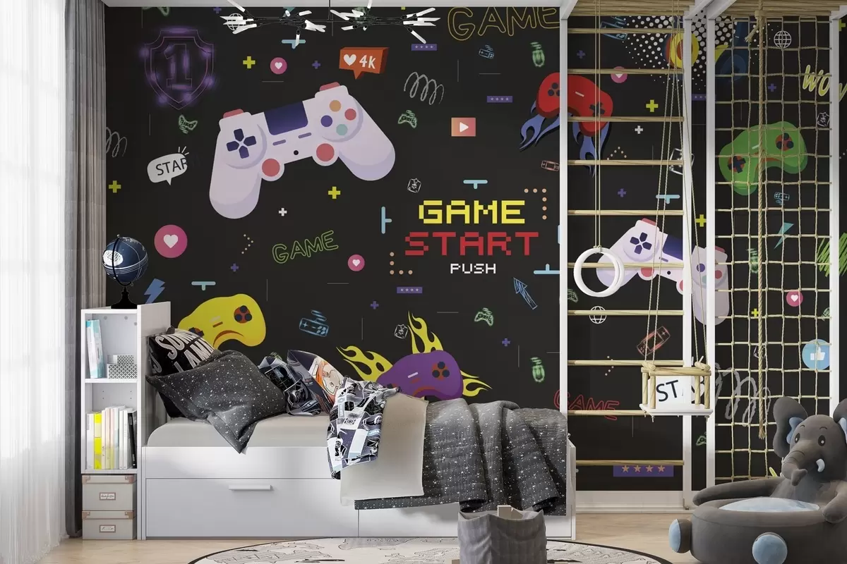 fotószőnyeg Világos gamer minta konzolokkal és pixelizált szöveggel w04581