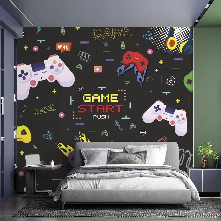 fotószőnyeg Világos gamer minta konzolokkal és pixelizált szöveggel w04581