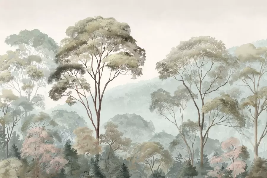 fotószőnyeg Ködös reggel az erdőben, akvarell stílusban w09405