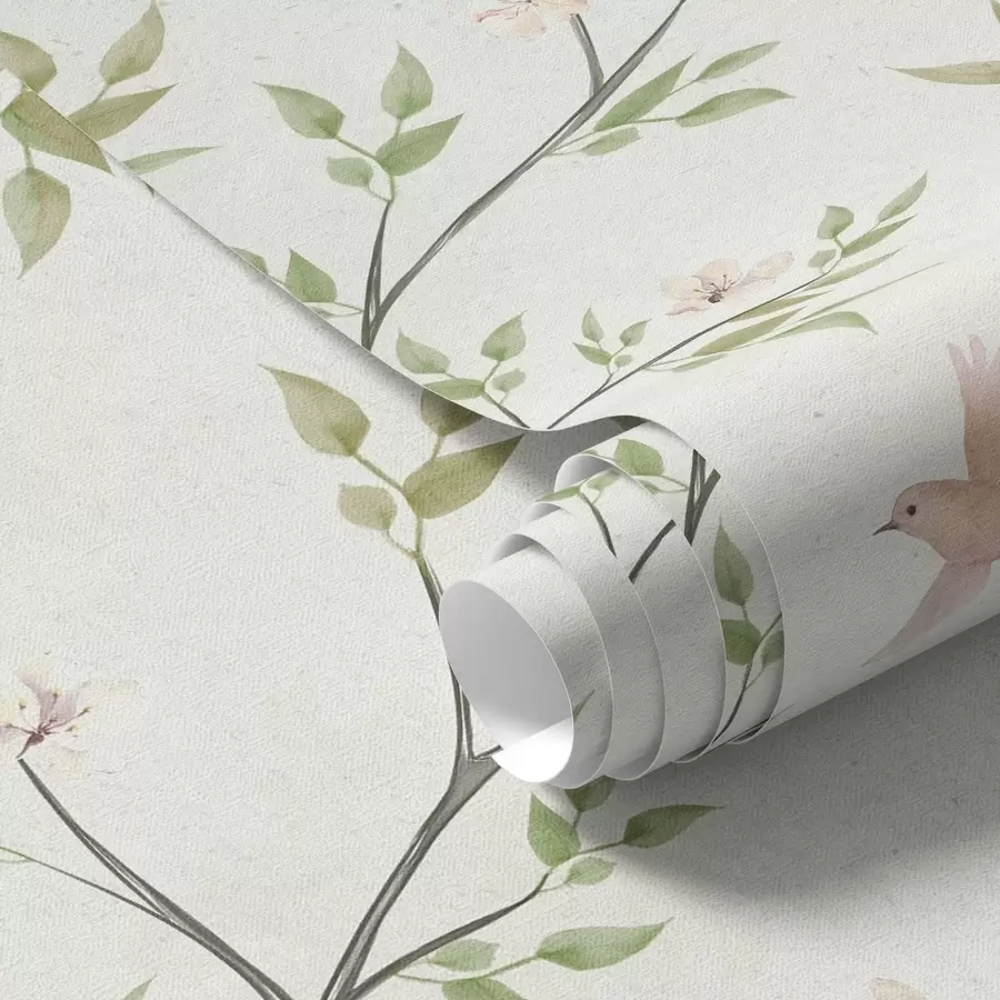 fotószőnyeg Akvarell ágak levelekkel és madarakkal világos háttér előtt a00496