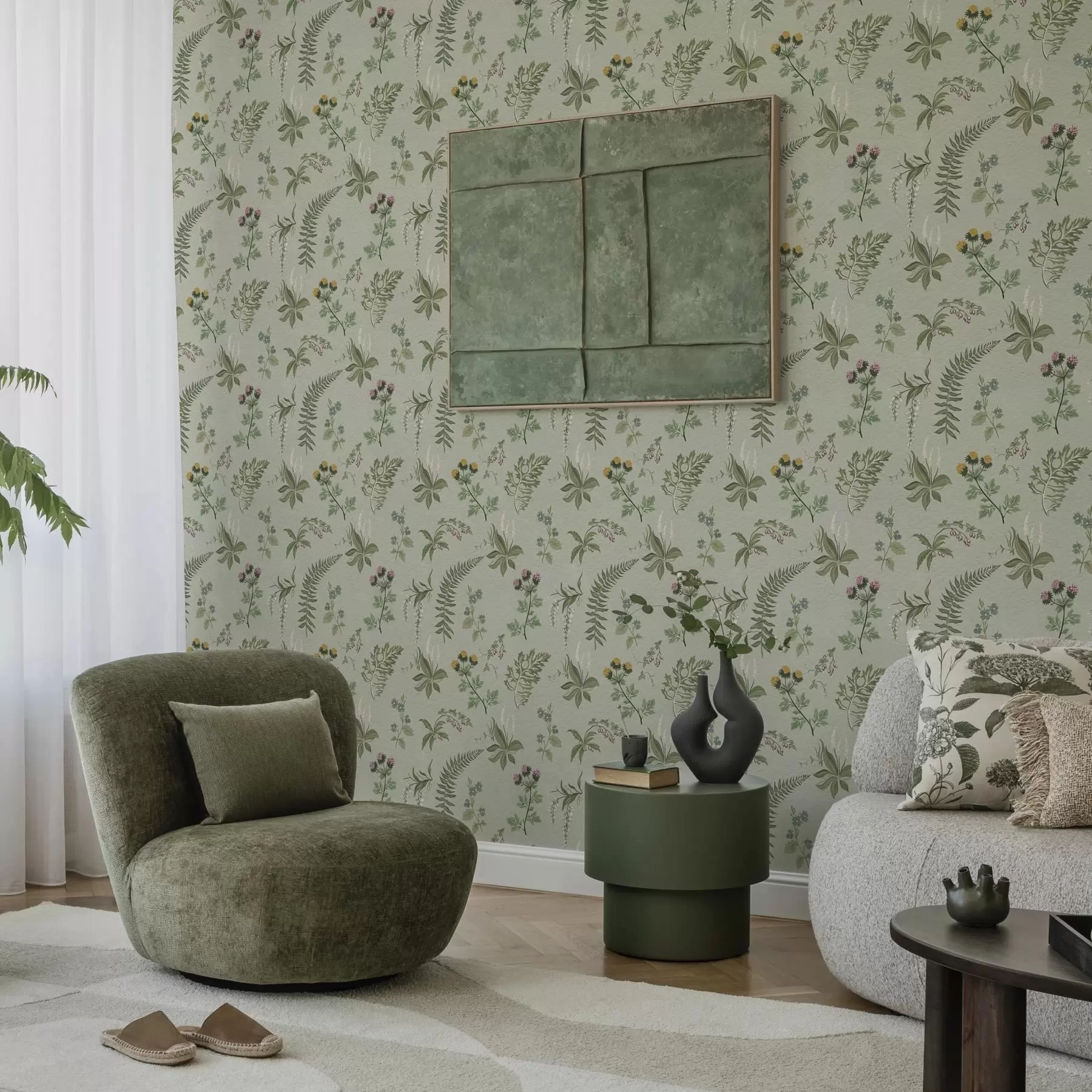 fotószőnyeg Botanikai fűfélék és páfrányok halvány szürkés-zöld alapon a00498